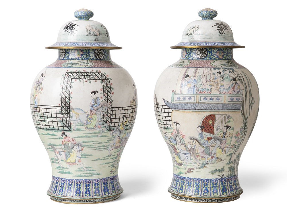 Pair of Large Canton Enamel 'Generals of the Yang Family' Baluster Vases and Covers
